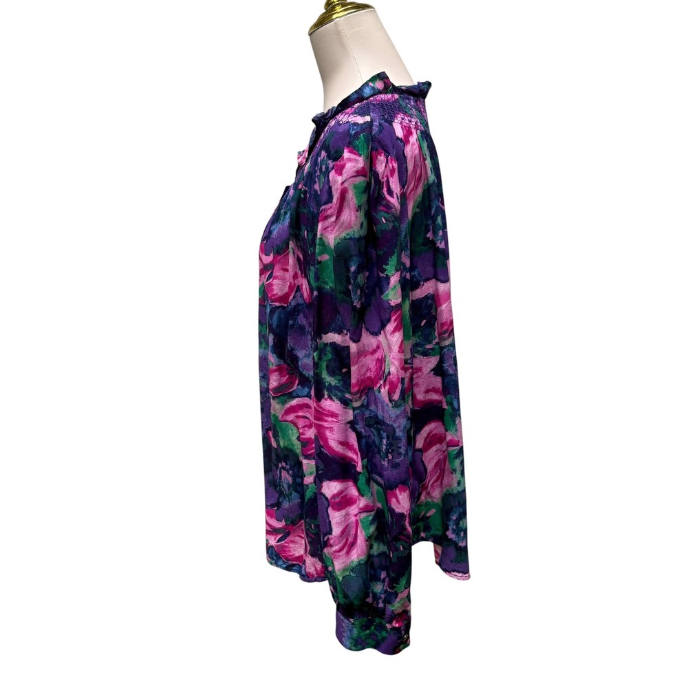 Talbots Floral Blouse XL Purple Pink Smocked Ruffle Neck Watercolor Garden Party - Picture 4 of 9